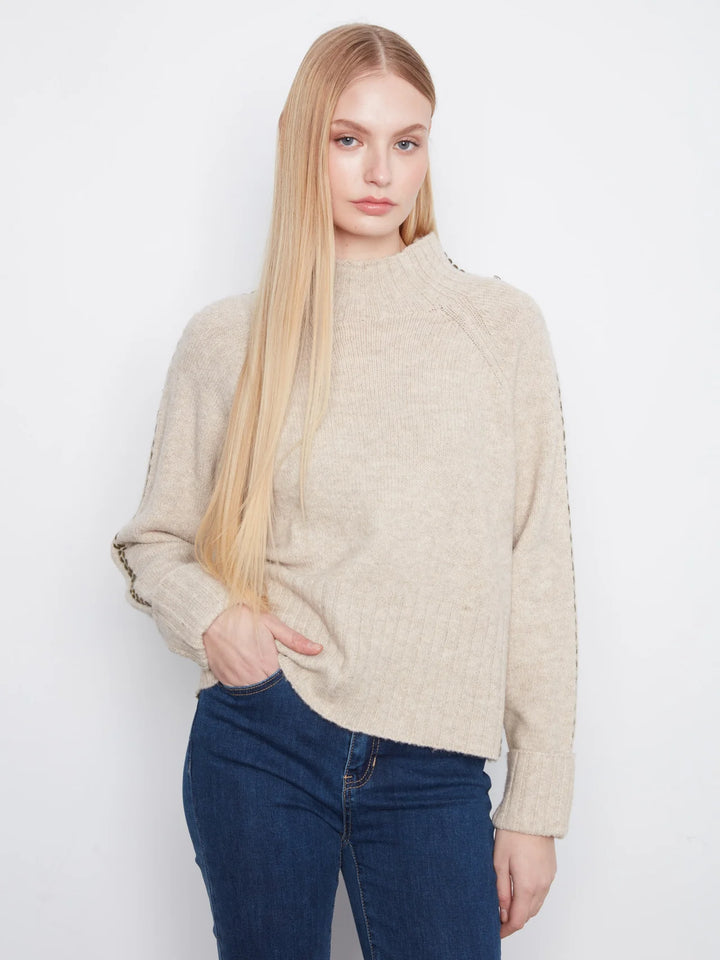 Charlie B Long Raglan Sleeve Mock Neck Sweater With Stitch Detail And Cuffed Sleeves