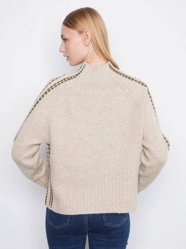Charlie B Long Raglan Sleeve Mock Neck Sweater With Stitch Detail And Cuffed Sleeves