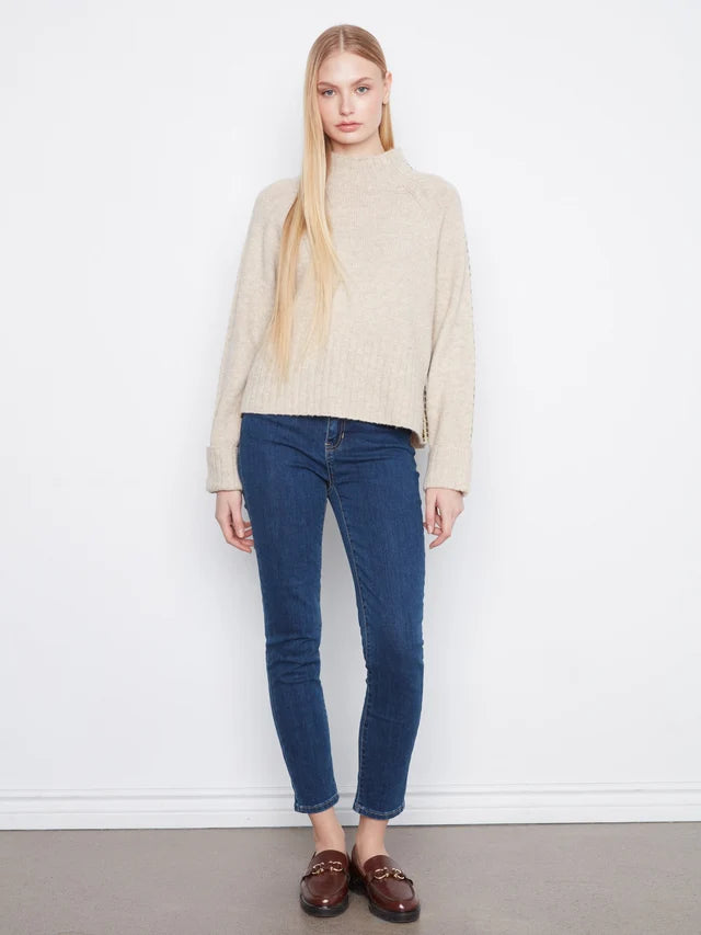 Charlie B Long Raglan Sleeve Mock Neck Sweater With Stitch Detail And Cuffed Sleeves