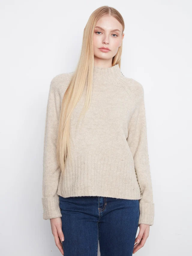 Charlie B Long Raglan Sleeve Mock Neck Sweater With Stitch Detail And Cuffed Sleeves