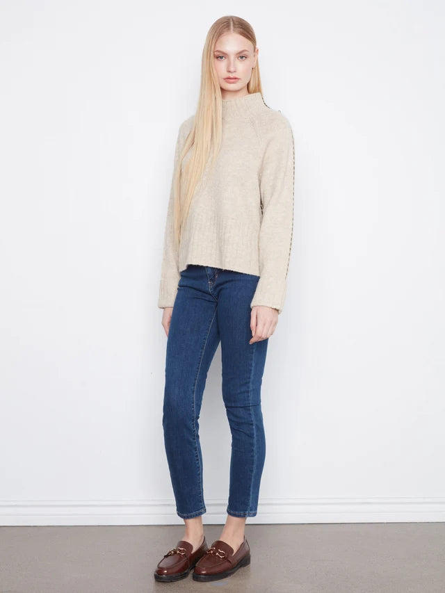 Charlie B Long Raglan Sleeve Mock Neck Sweater With Stitch Detail And Cuffed Sleeves