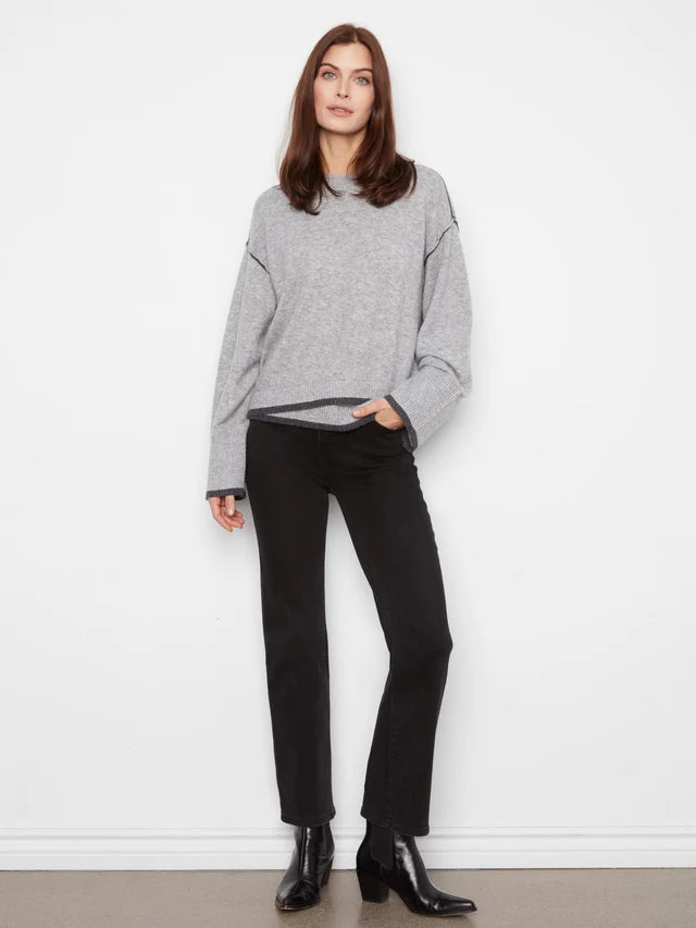 Charlie B Wide Long Sleeve Drop Shoulder Crew Neck Sweater With Asymmetric Hem Detail & Contrast Tipping
