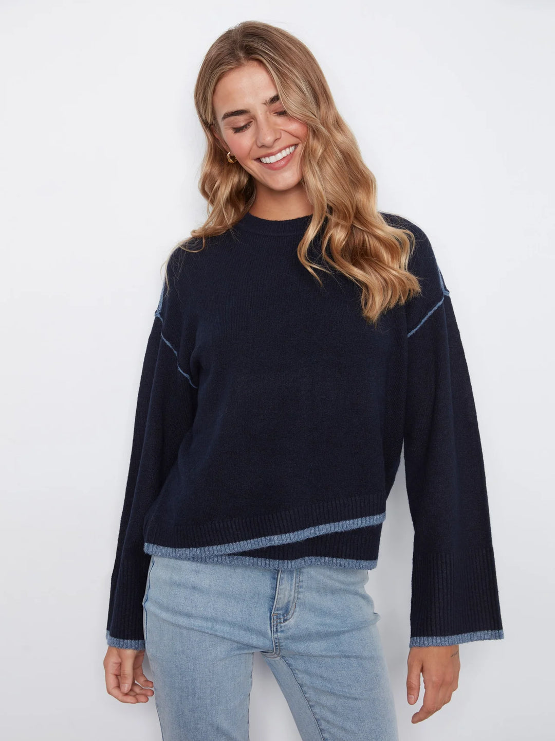 Charlie B Wide Long Sleeve Drop Shoulder Crew Neck Sweater With Asymmetric Hem Detail & Contrast Tipping
