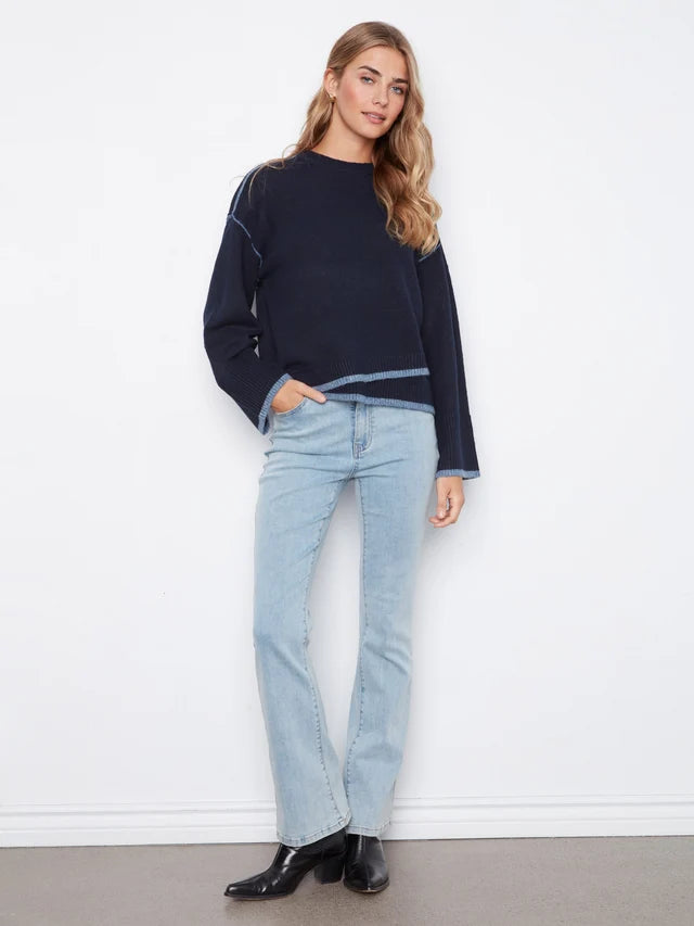 Charlie B Wide Long Sleeve Drop Shoulder Crew Neck Sweater With Asymmetric Hem Detail & Contrast Tipping