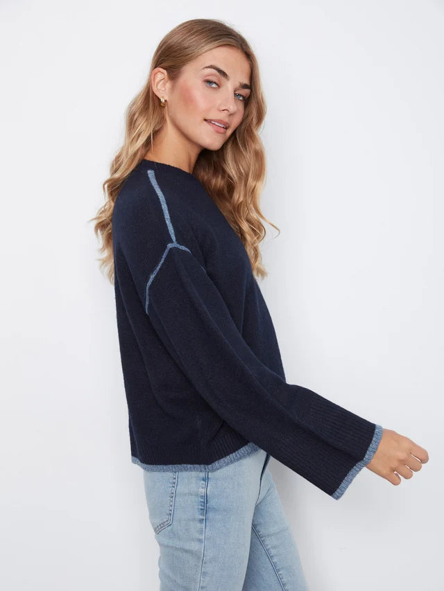 Charlie B Wide Long Sleeve Drop Shoulder Crew Neck Sweater With Asymmetric Hem Detail & Contrast Tipping