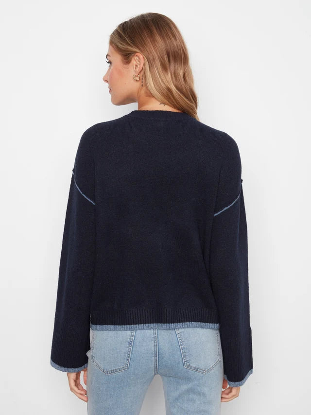 Charlie B Wide Long Sleeve Drop Shoulder Crew Neck Sweater With Asymmetric Hem Detail & Contrast Tipping