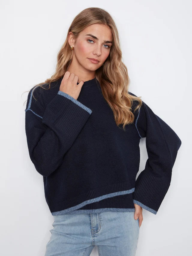 Charlie B Wide Long Sleeve Drop Shoulder Crew Neck Sweater With Asymmetric Hem Detail & Contrast Tipping