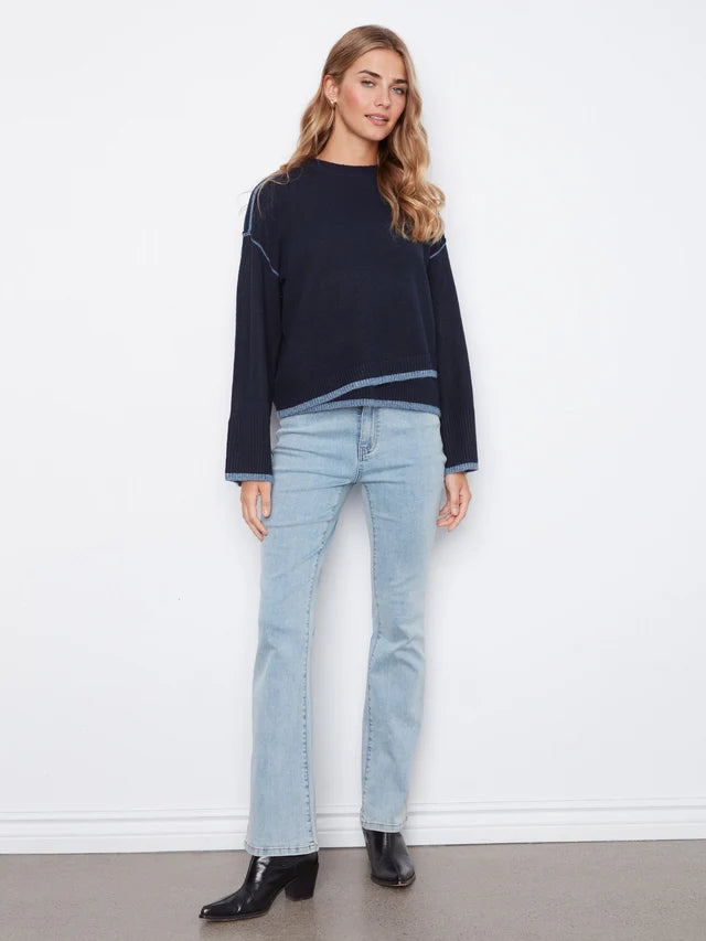 Charlie B Wide Long Sleeve Drop Shoulder Crew Neck Sweater With Asymmetric Hem Detail & Contrast Tipping