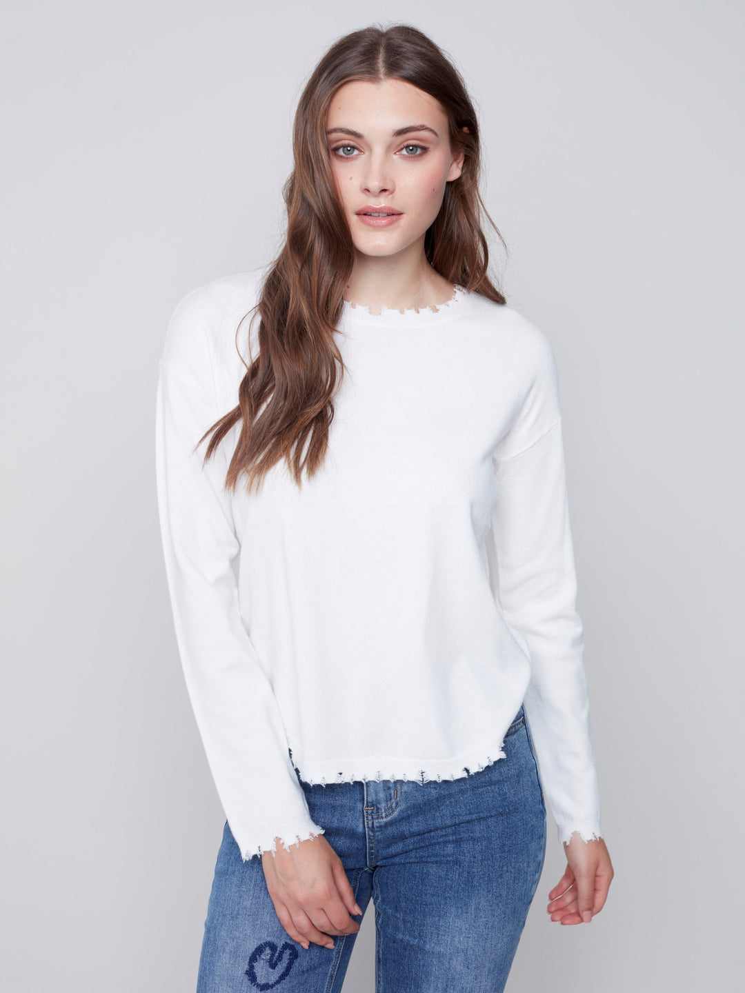 Charlie B Crew-Neck Drop-Shoulder Sweater With Frayed-Edge Details