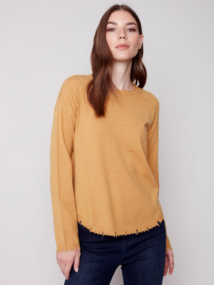 Charlie B Crew-Neck Drop-Shoulder Sweater With Frayed-Edge Details