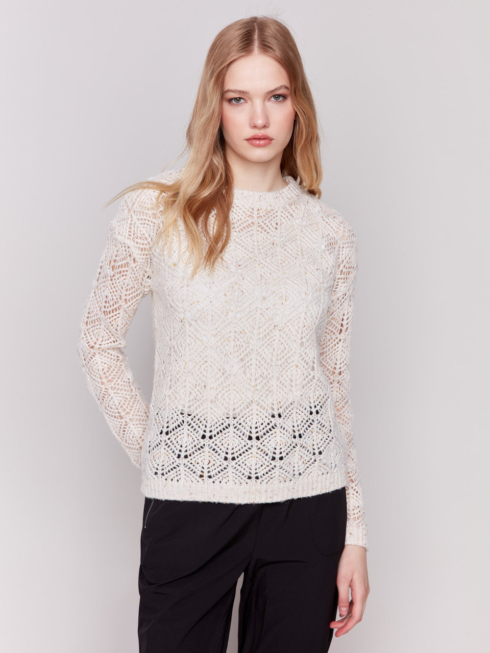 Charlie B Long Sleeve Crew Nack Crochet Sweater