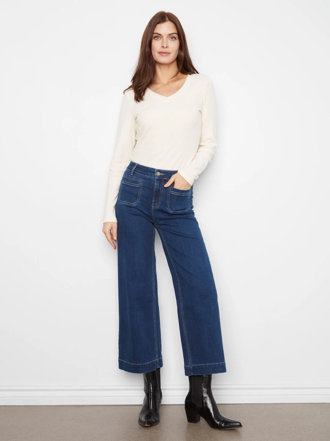 Charlie B Cropped Insert Pocket Wide Leg Stretch Denim Pants