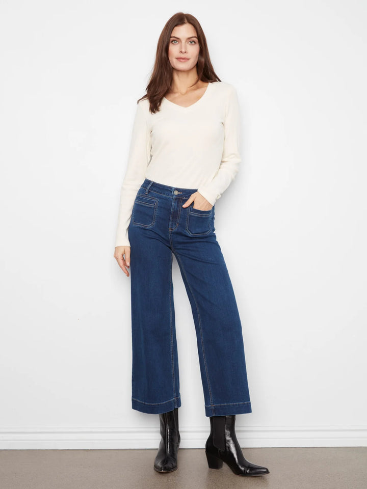 Charlie B Cropped Insert Pocket Wide Leg Stretch Denim Pants