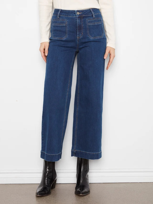 Charlie B Cropped Insert Pocket Wide Leg Stretch Denim Pants