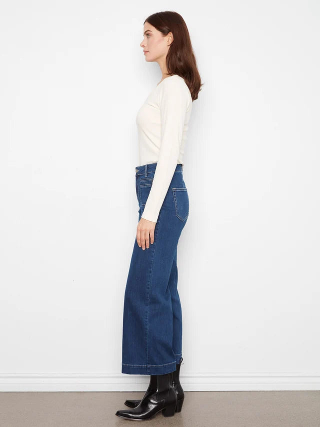 Charlie B Cropped Insert Pocket Wide Leg Stretch Denim Pants