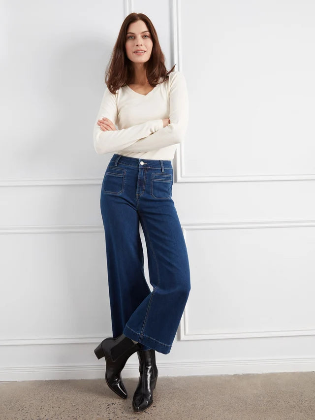 Charlie B Cropped Insert Pocket Wide Leg Stretch Denim Pants