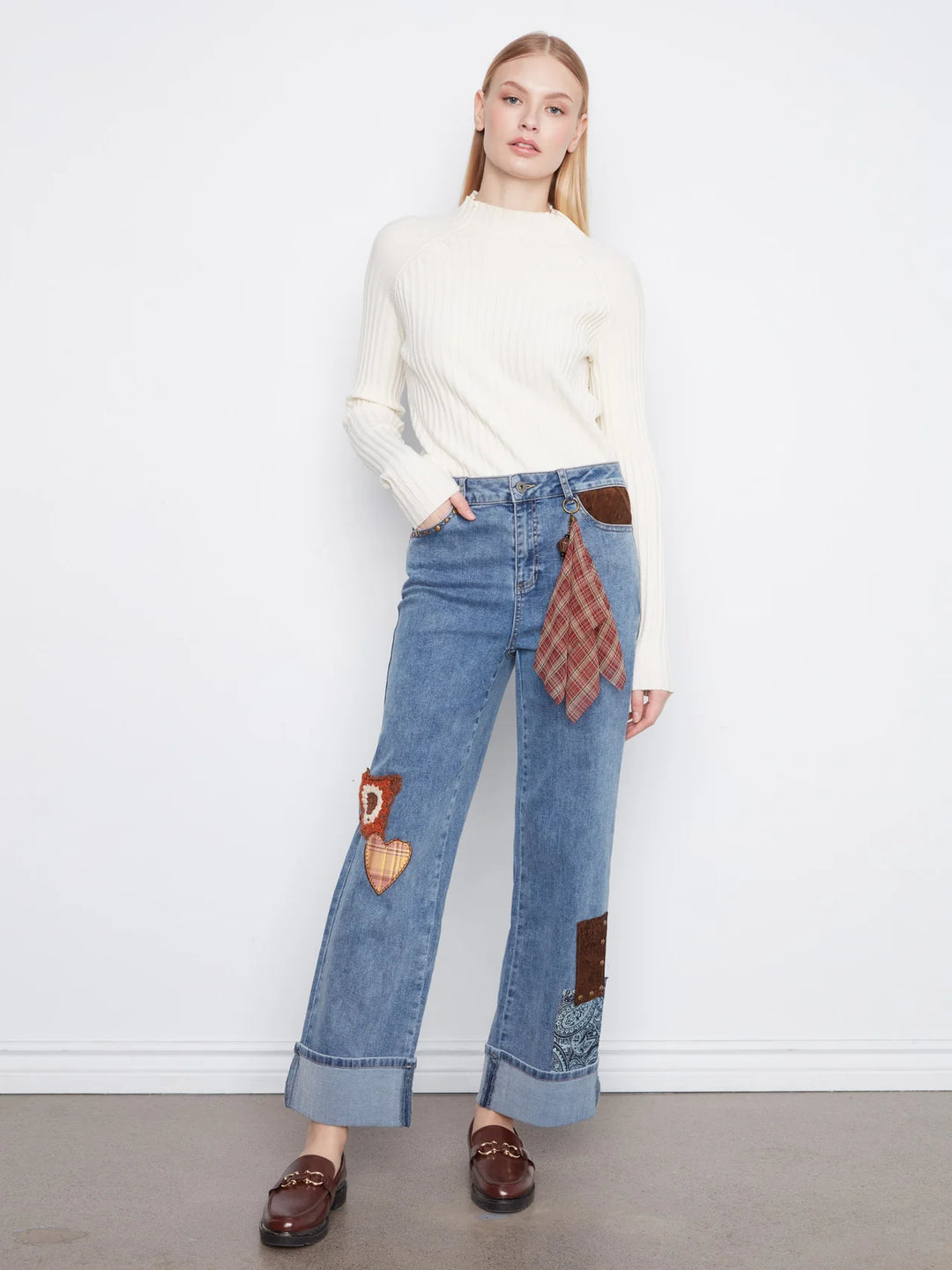 Charlie B Straight Leg Cuffed Pants With Patches And Studs