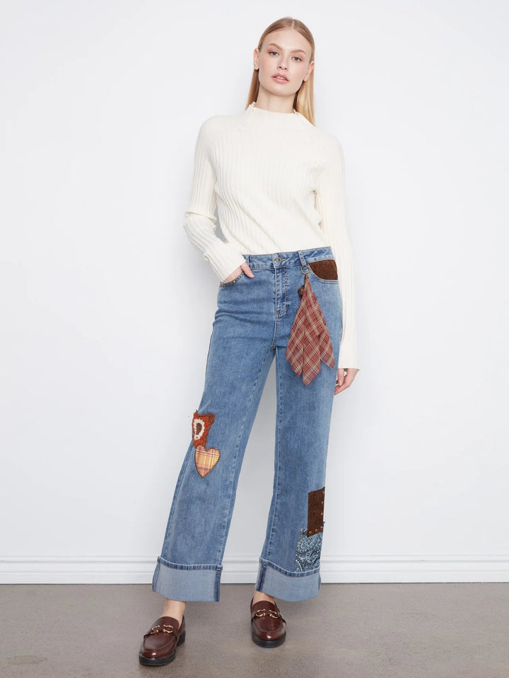 Charlie B Straight Leg Cuffed Pants With Patches And Studs