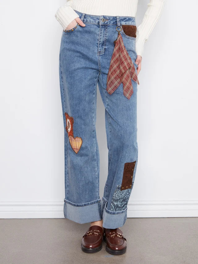 Charlie B Straight Leg Cuffed Pants With Patches And Studs