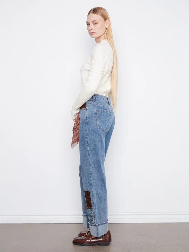 Charlie B Straight Leg Cuffed Pants With Patches And Studs