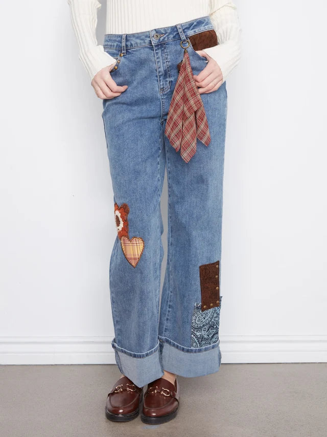 Charlie B Straight Leg Cuffed Pants With Patches And Studs