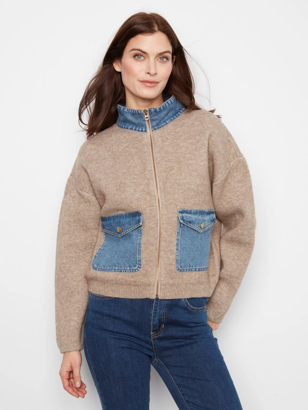 Charlie B Long Sleeve Zipped Sweater Jacket With Denim Pockets & Collar