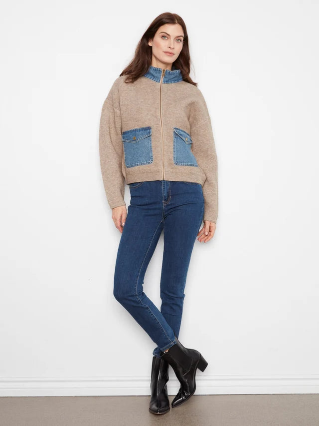 Charlie B Long Sleeve Zipped Sweater Jacket With Denim Pockets & Collar