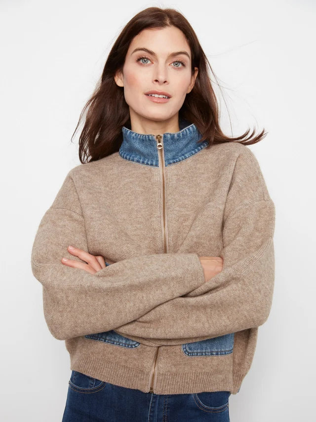 Charlie B Long Sleeve Zipped Sweater Jacket With Denim Pockets & Collar