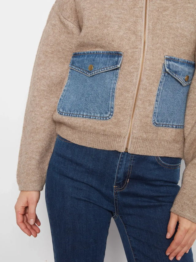 Charlie B Long Sleeve Zipped Sweater Jacket With Denim Pockets & Collar