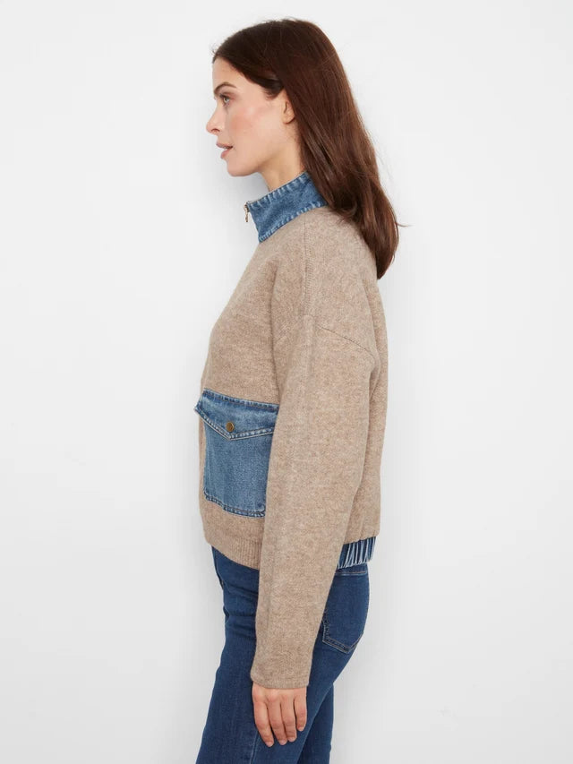 Charlie B Long Sleeve Zipped Sweater Jacket With Denim Pockets & Collar