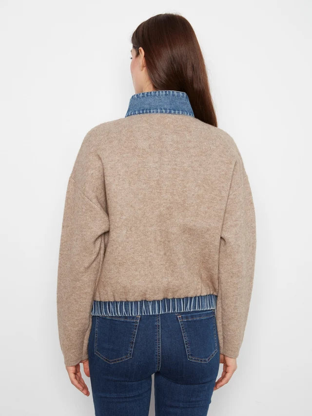 Charlie B Long Sleeve Zipped Sweater Jacket With Denim Pockets & Collar