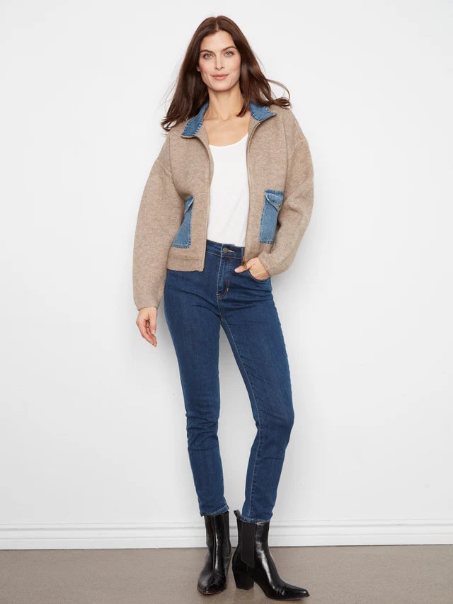 Charlie B Long Sleeve Zipped Sweater Jacket With Denim Pockets & Collar