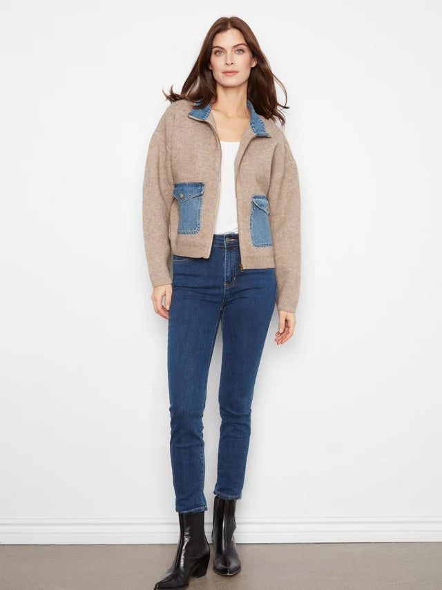 Charlie B Long Sleeve Zipped Sweater Jacket With Denim Pockets & Collar