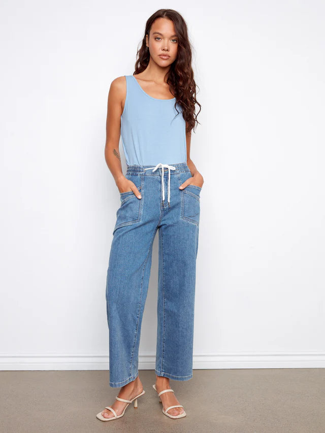 Charlie B Drawstring Wide Leg Denim Pants