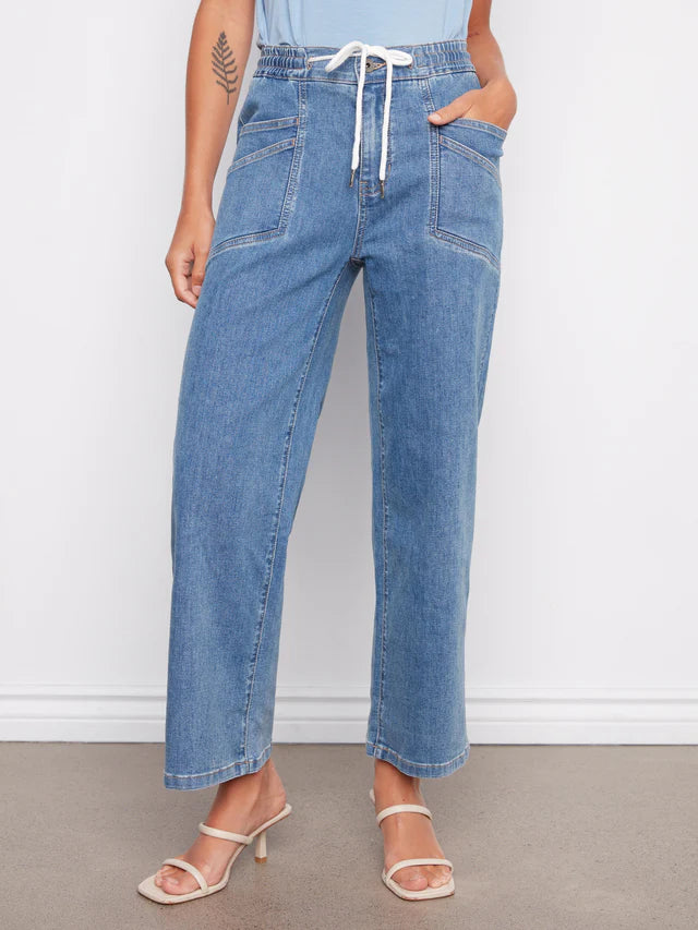 Charlie B Drawstring Wide Leg Denim Pants