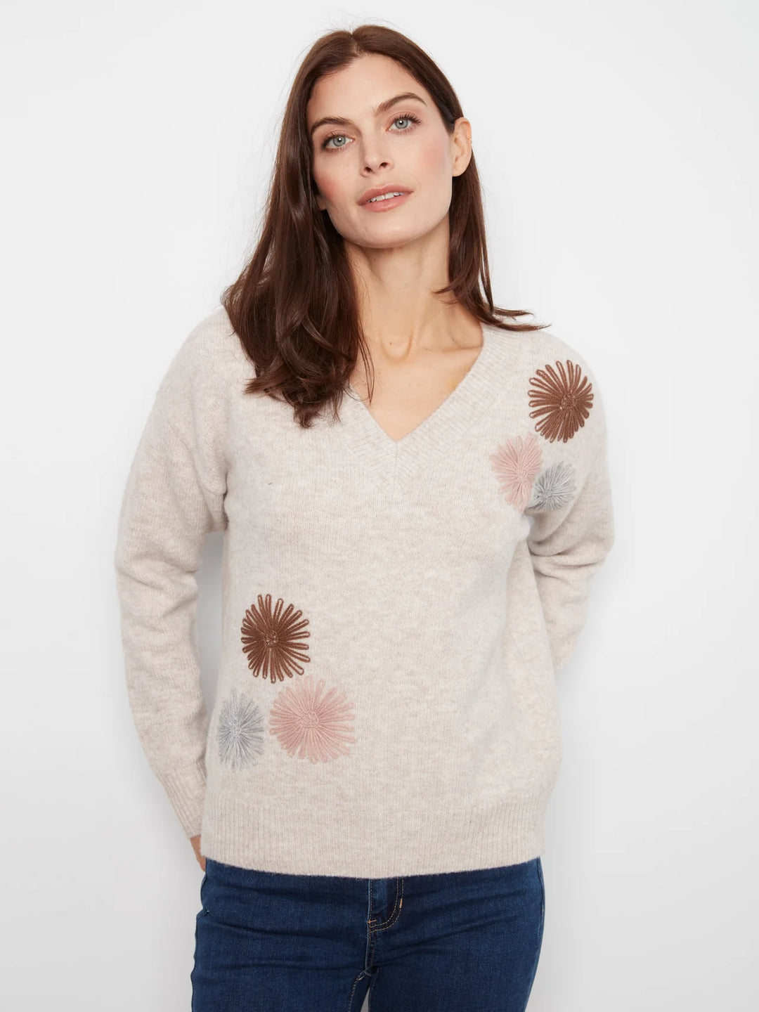 Charlie B Long Sleeve V-Neck Oversized Sweater With Embroidery
