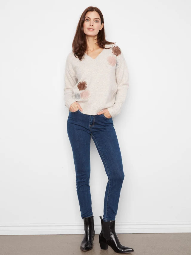 Charlie B Long Sleeve V-Neck Oversized Sweater With Embroidery