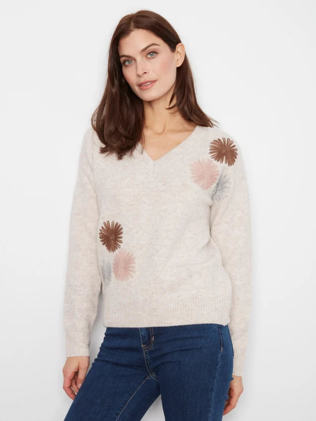 Charlie B Long Sleeve V-Neck Oversized Sweater With Embroidery
