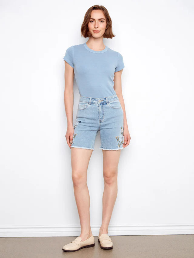 Charlie B Embroidered Stretch Denim Shorts
