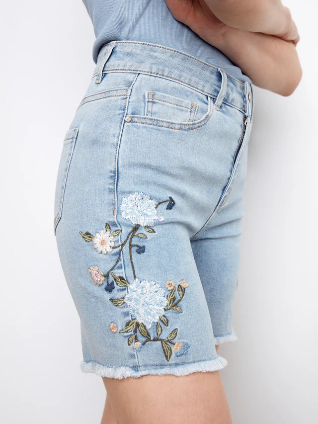 Charlie B Embroidered Stretch Denim Shorts