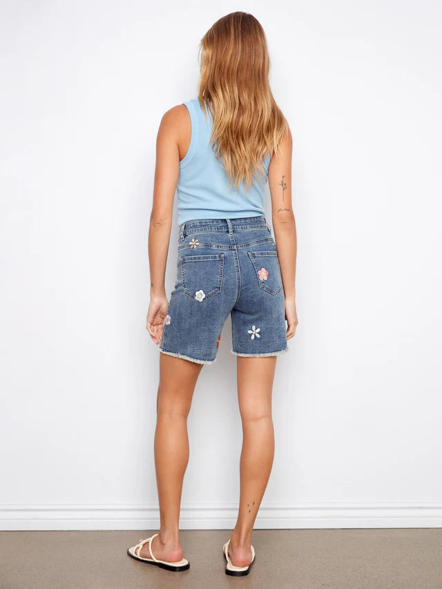 Charlie B Embroidered Stretch Denim Shorts