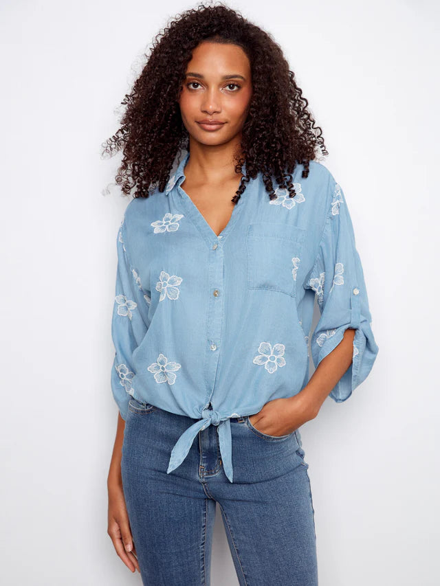 Charlie B Embroidered Tencel Blouse With Front Tie