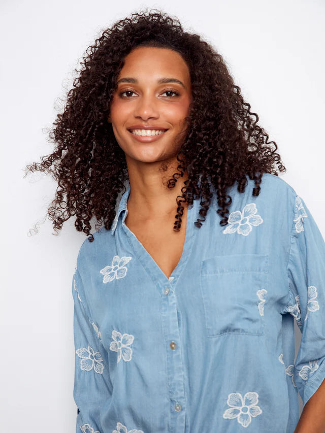 Charlie B Embroidered Tencel Blouse With Front Tie