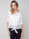 Charlie B Long Sleeve Eyelet Button Down Front Tie Blouse