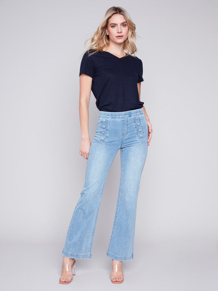 Charlie B Wide Leg Pant With Front Buttom Plackets
