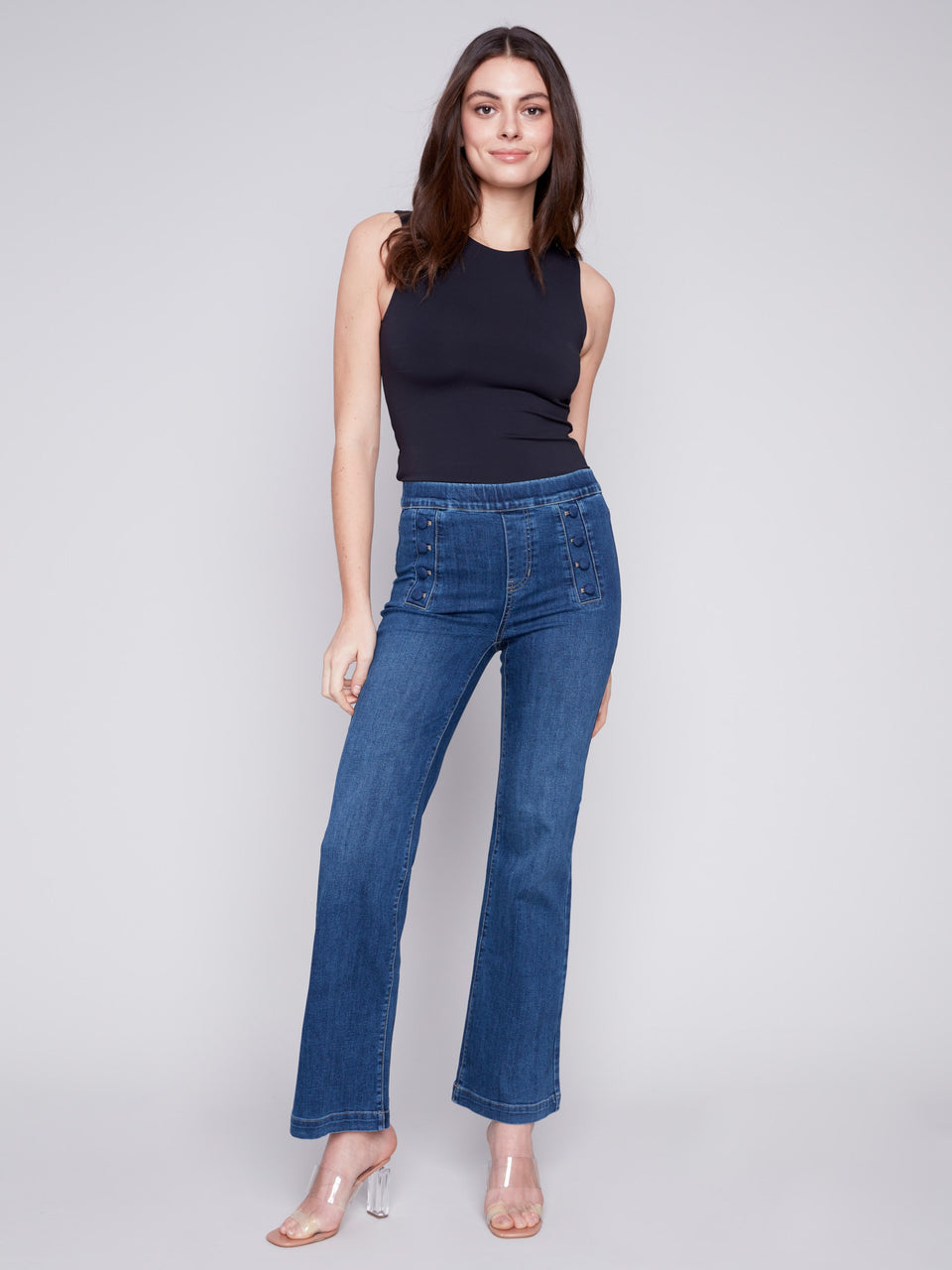 Charlie B Wide Leg Pant With Front Buttom Plackets