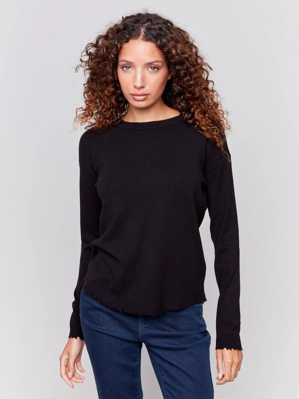 Charlie B Crew-Neck Ripped Edges Drop-Shoulder Plushy Sweater