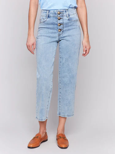 Charlie B Front Button-Fly Straight Crop Jeans