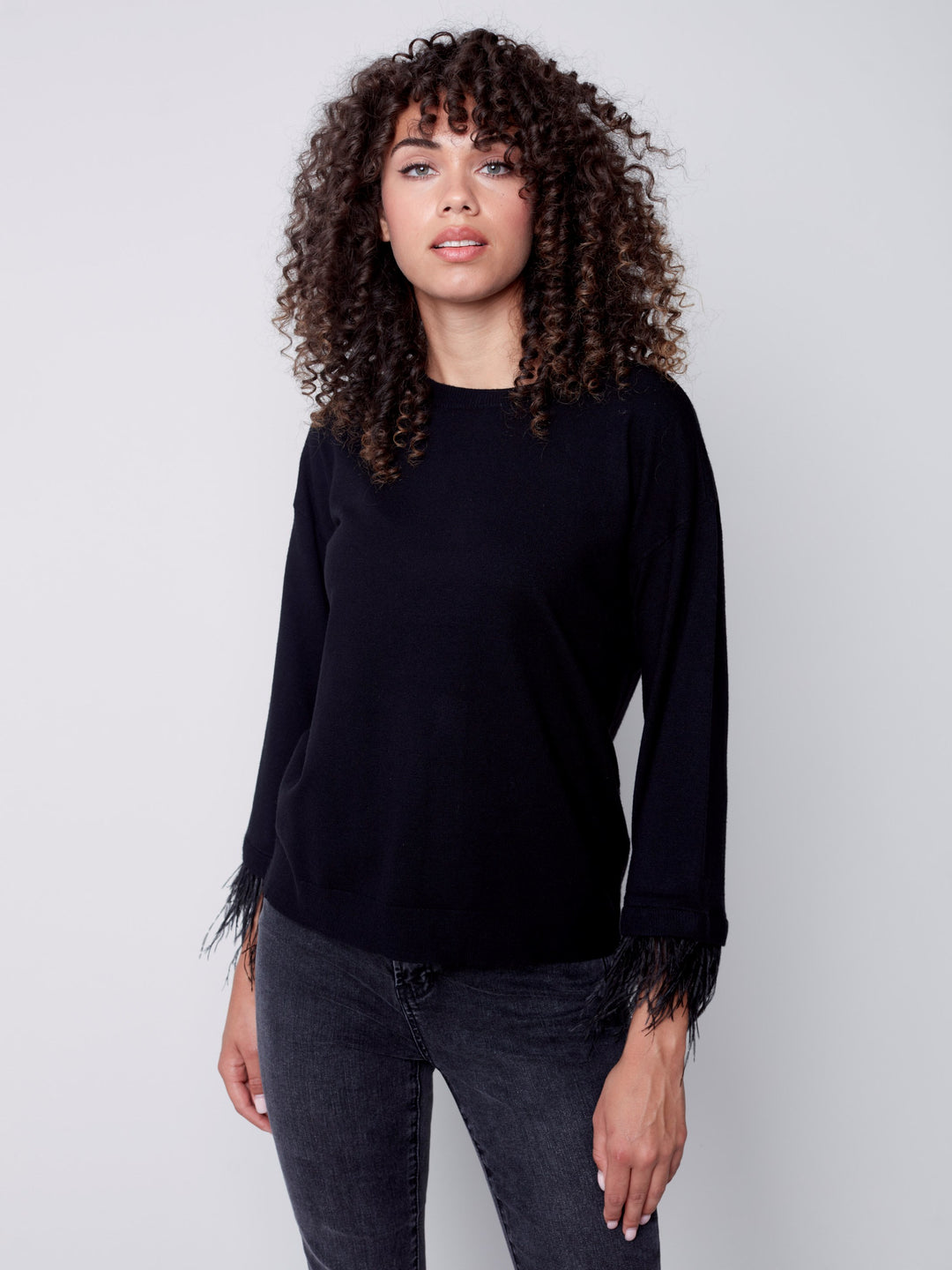 Charlie B Crew-Neck Sweater With Removable Feather Cuff Trim