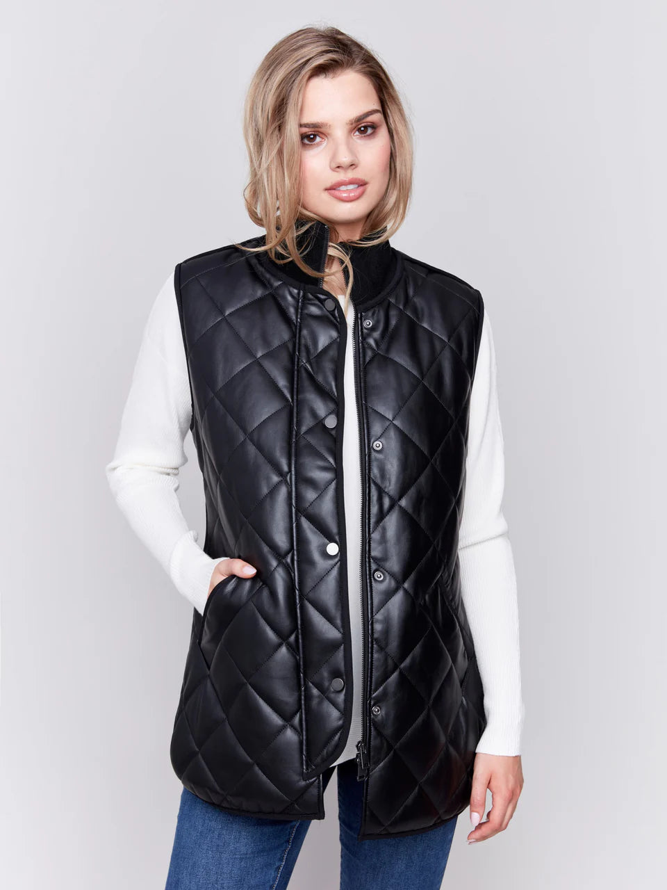 Charlie B Long Quilted Faux Leather Vest - Main Image